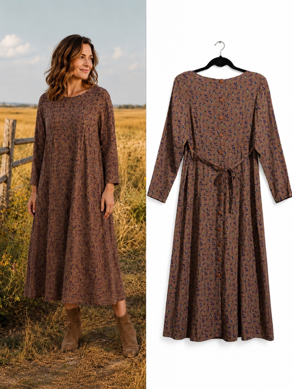 Vtg April Cornell for Cornell Trading Brown
Shoe Print Rayon Midi Prairie Dress